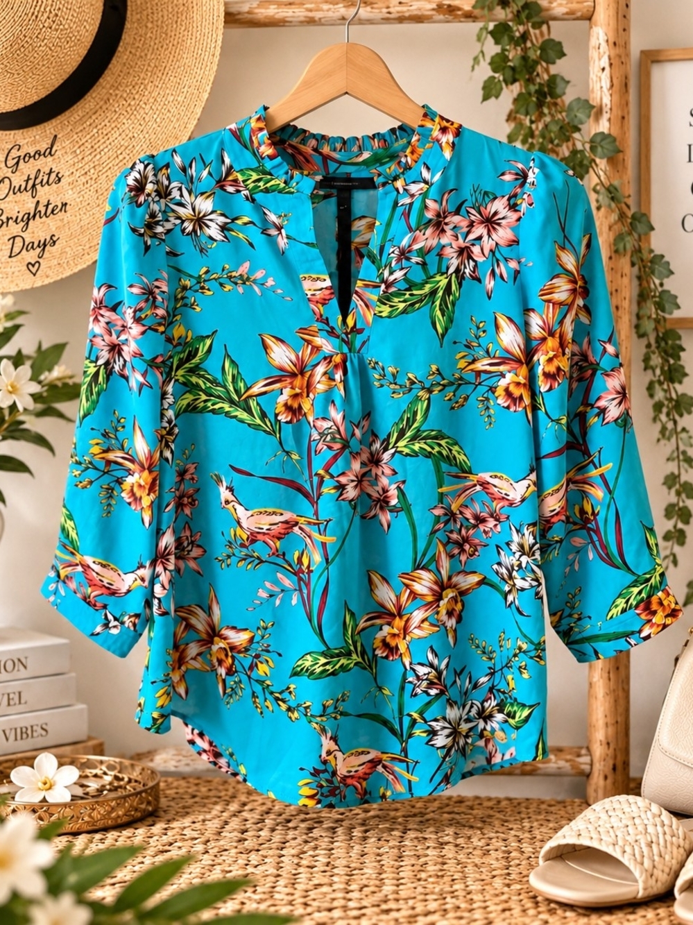 Worthington Petite PM Tropical Floral Bird Blouse Turquoise 3/4 Sleeve NWOT